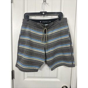 VISSLA  Men's Board Shorts Size M Blue Striped Beach Cotton Trunks Pockets Lined